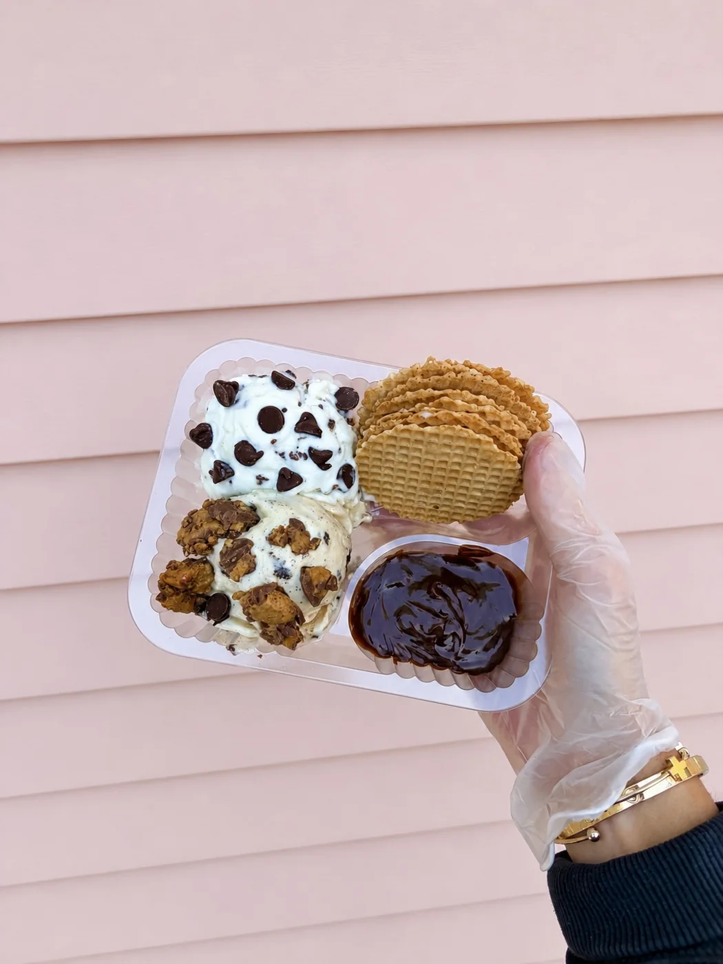 Ice cream nachos with waffle chips and chocolate sauce